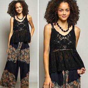 POL Lace Tank Black Crochet Peplum Boho Festival NEW
